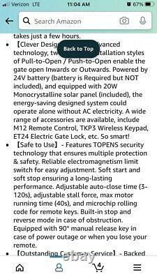 Solar Auto Gate Opener Kit Light Duty Single Gate Operator- 2 Extra Remotes